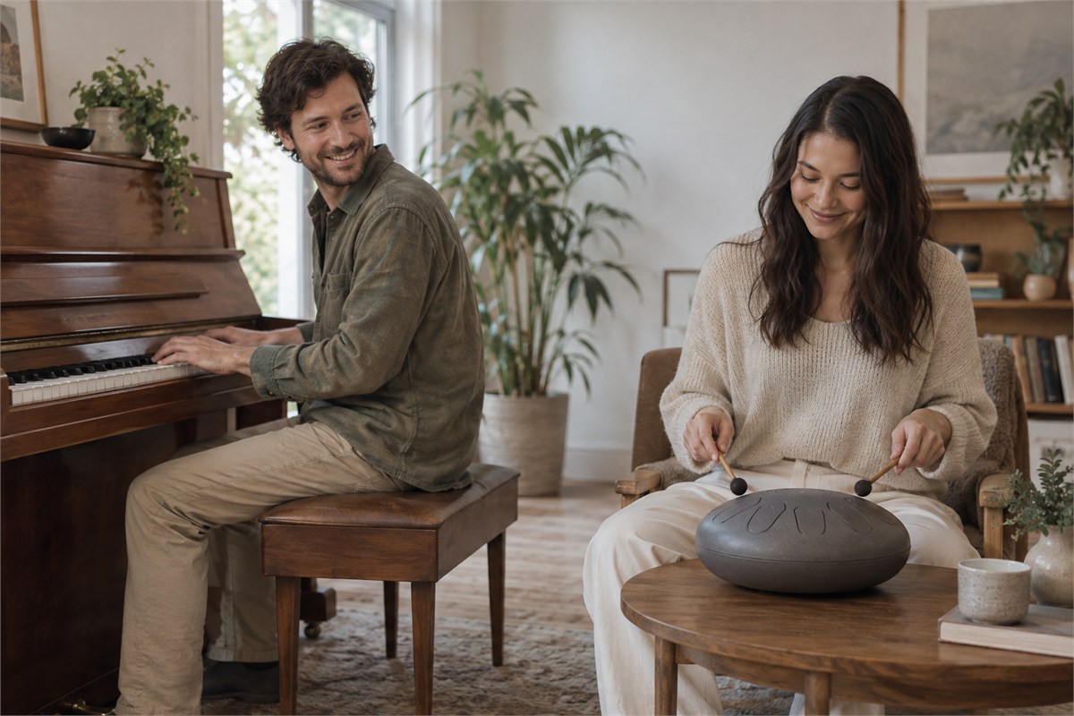 A pianist and a tongue-drum player sit together in a softly lit practice room.