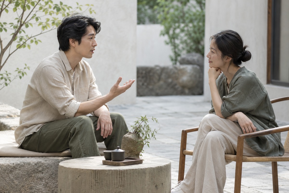 Two adults listen to one another in a softly lit courtyard.