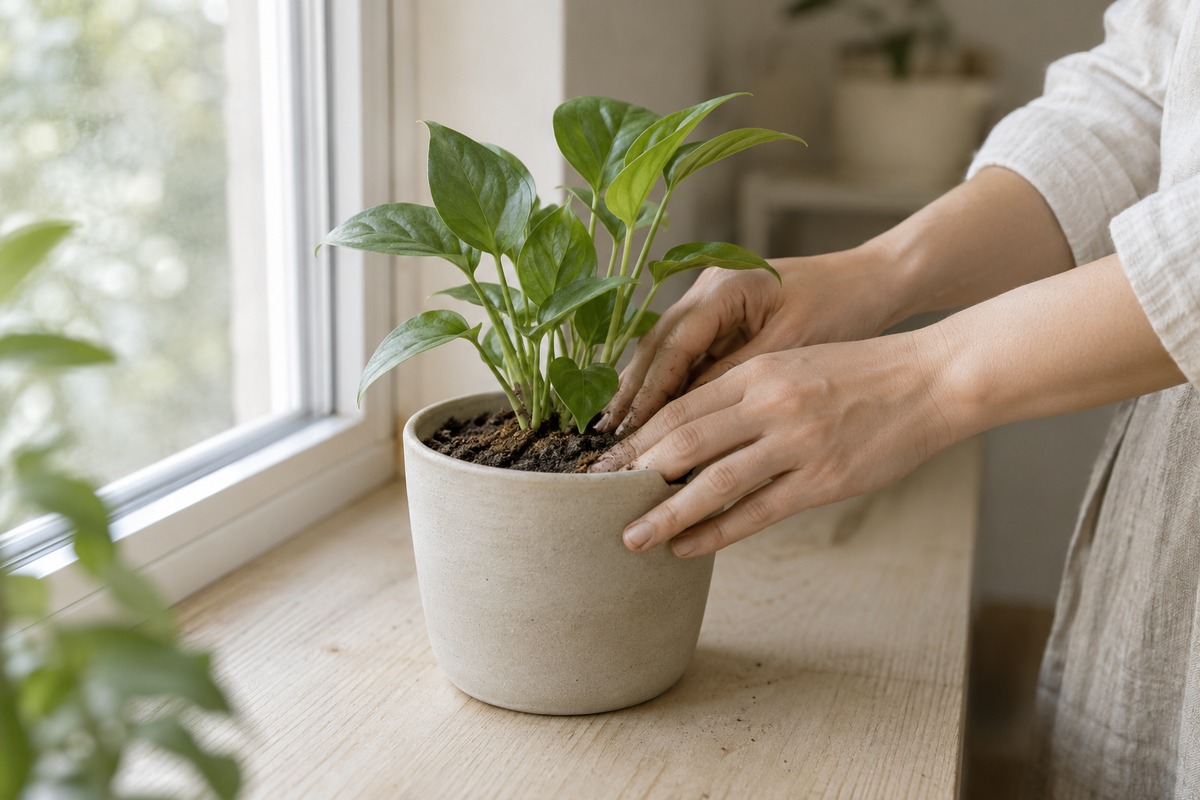 A pair of hands gently settles soil around a young plant.