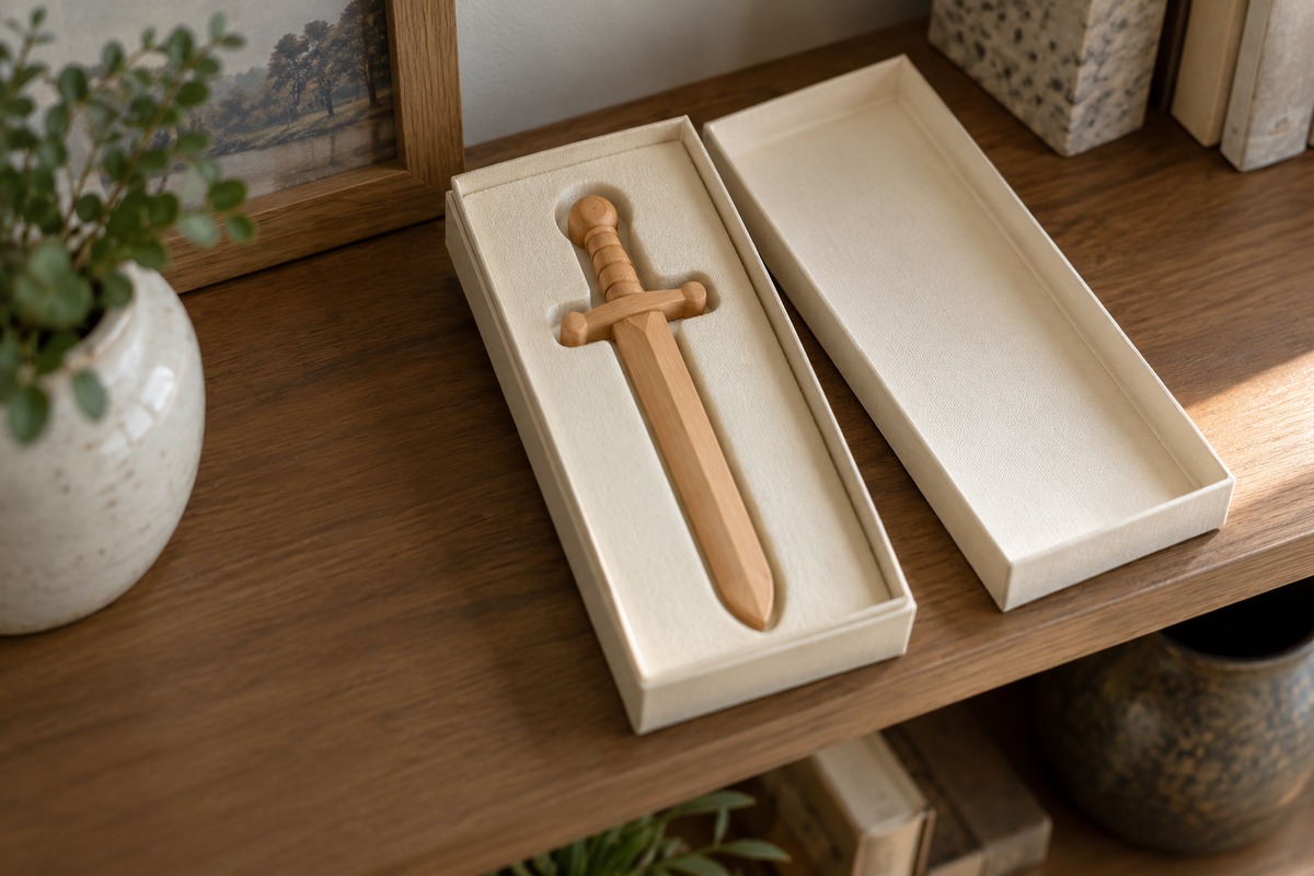 Small wooden sword resting in a fitted ivory box on an indoor shelf.