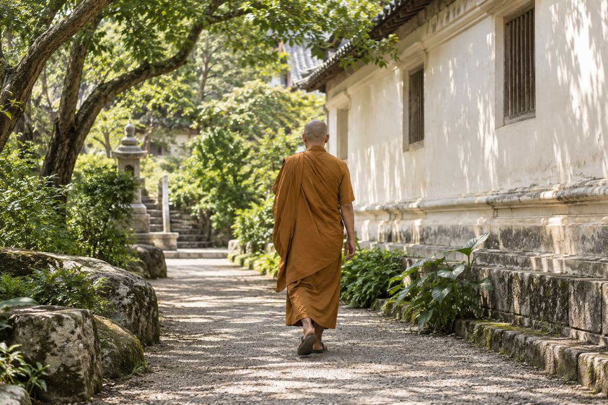 A Buddhist monastic in an ochre robe walking beside a pale courtyard wall.
