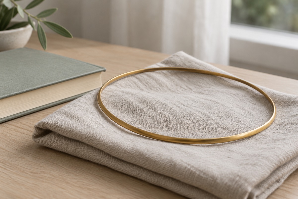 A plain narrow golden headband rests beside a closed unlabelled book.