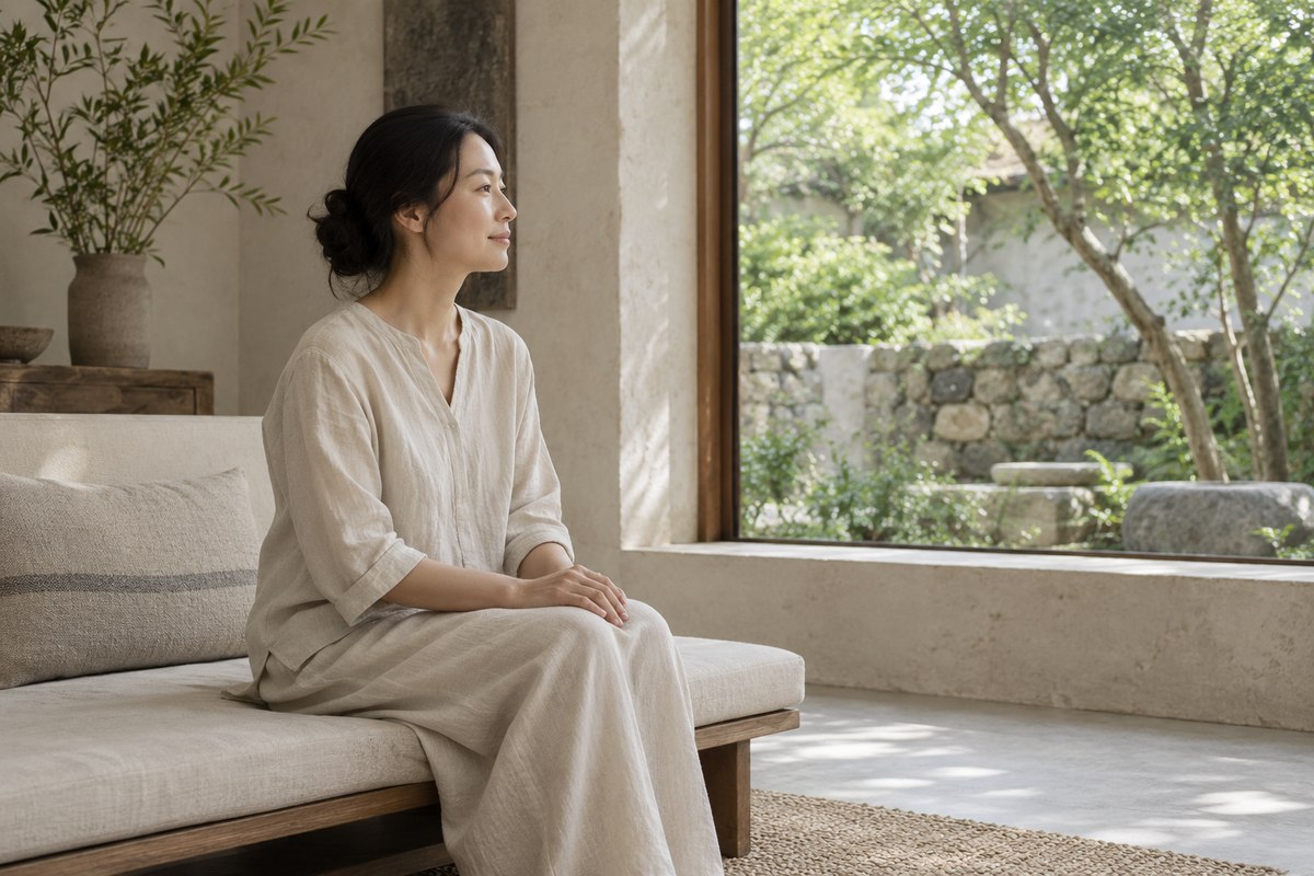 A seated adult looking toward a garden through an open window.
