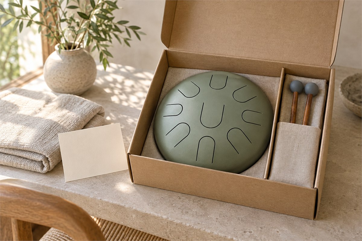 A sage steel tongue drum and two soft mallets sit in a fitted kraft gift box beside a blank card.