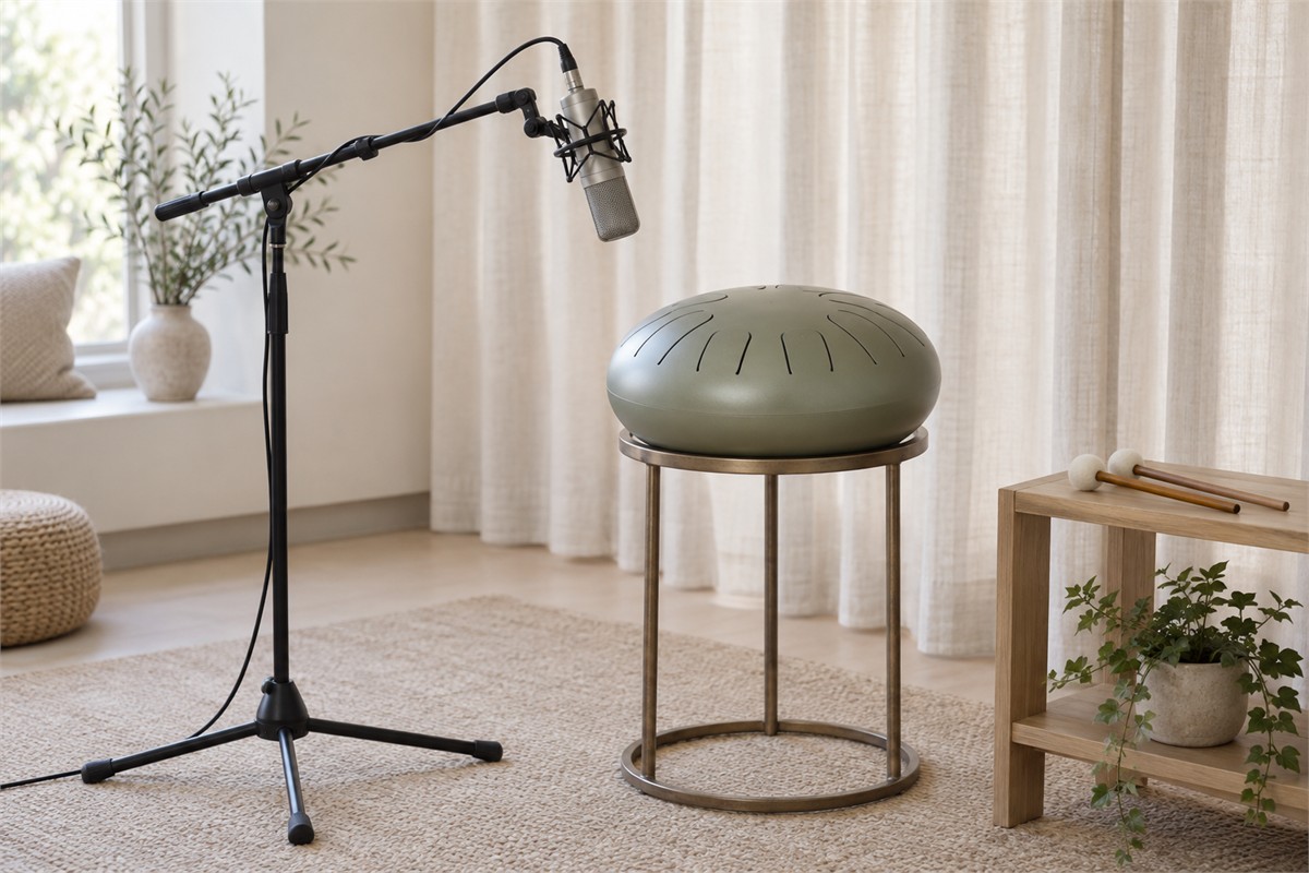 A microphone on a stand points toward a steel tongue drum in a quiet room.