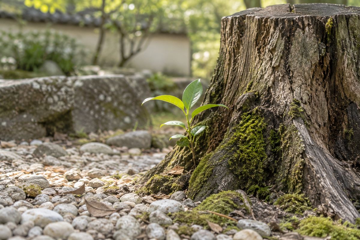 A small green shoot growing beside a weathered tree stump.