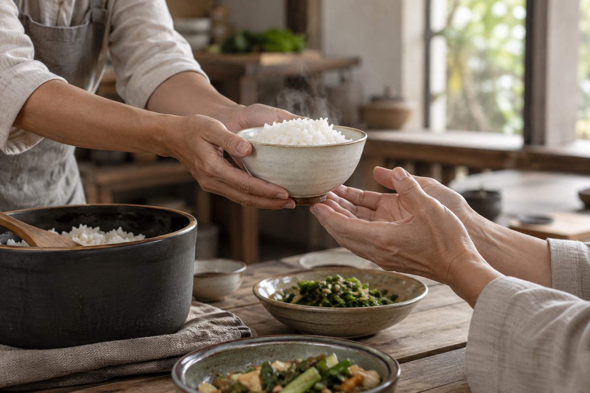 Hands offering a ceramic bowl of cooked rice across a wooden table.