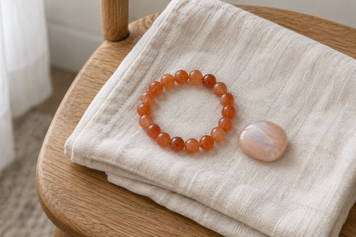 An orange-bead bracelet and a peach-colored stone on folded cotton