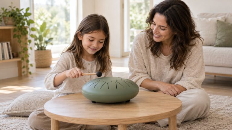 A child holds a soft mallet above a sage steel tongue drum while a parent watches beside a low table.