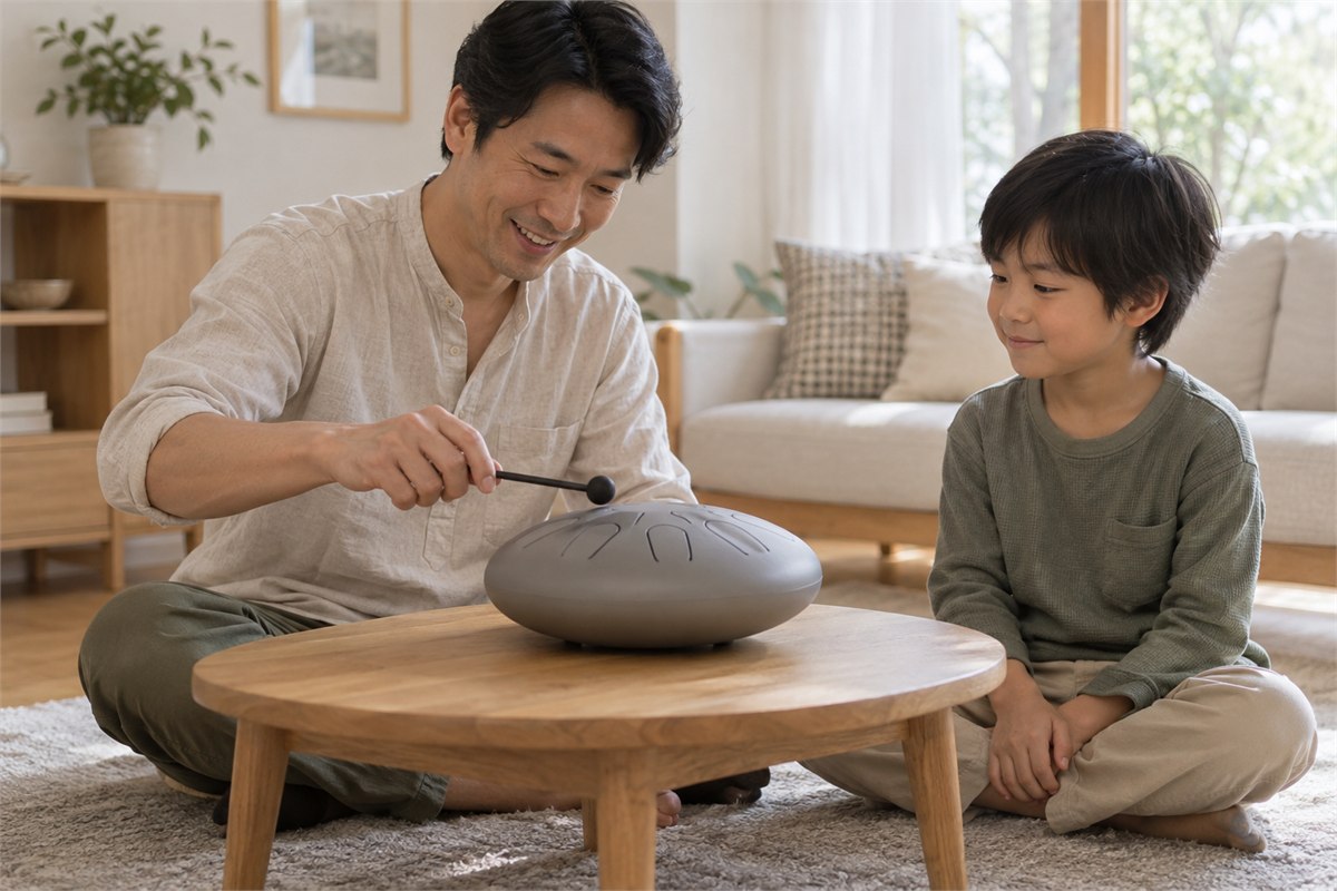 A parent demonstrates a soft mallet tap while a child watches across a low table.