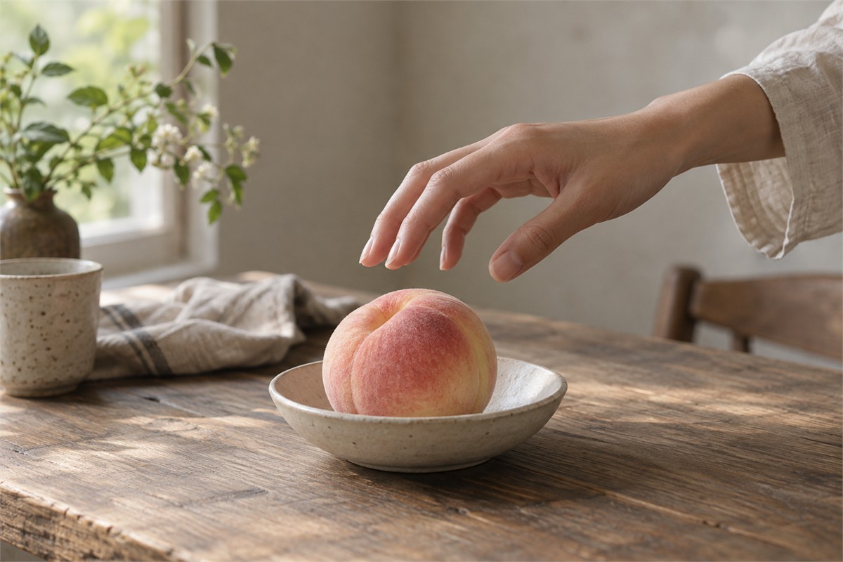 A hand pauses near a ripe peach resting in a small ceramic dish.