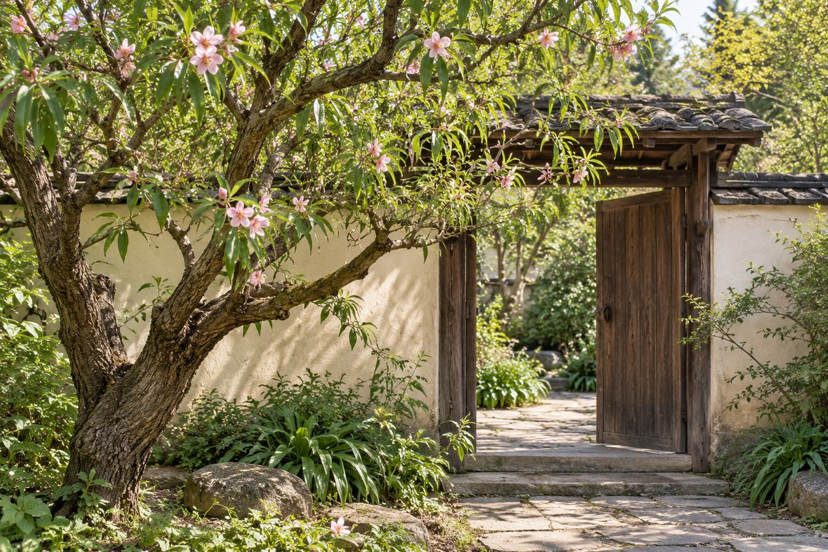 Blossoming peach tree beside a wooden garden gate and pale plaster wall.