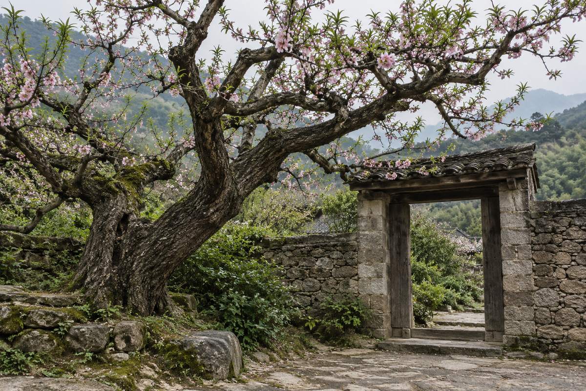 A flowering peach tree spreads over an old stone garden gateway.