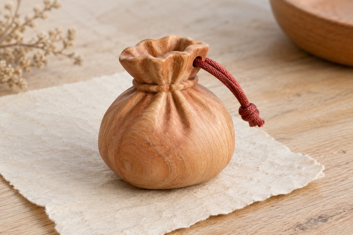 Pouch-shaped wooden carving with a gathered rim and short red cord on cream paper.