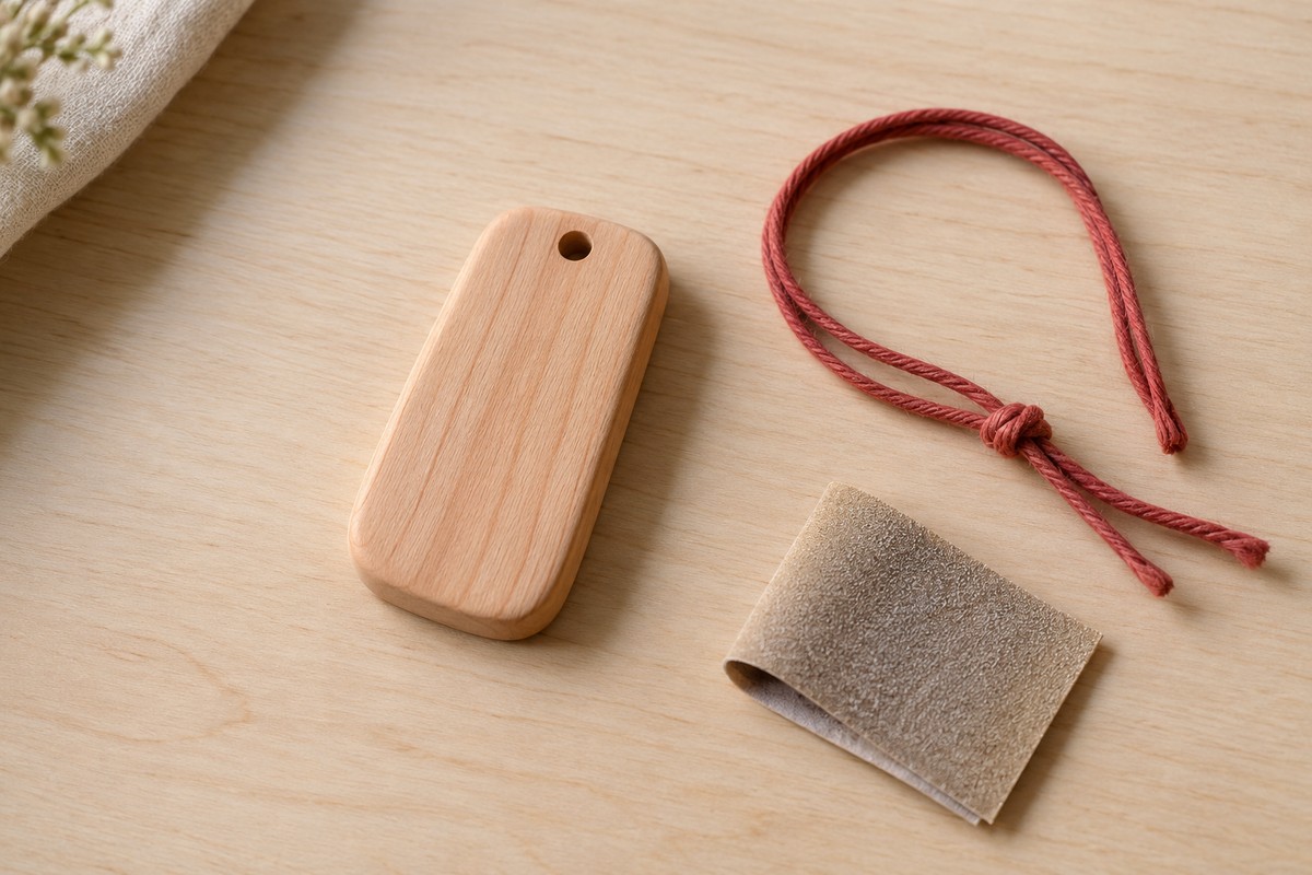Smooth wooden pendant blank, red cord, and folded sandpaper on a light worktable.