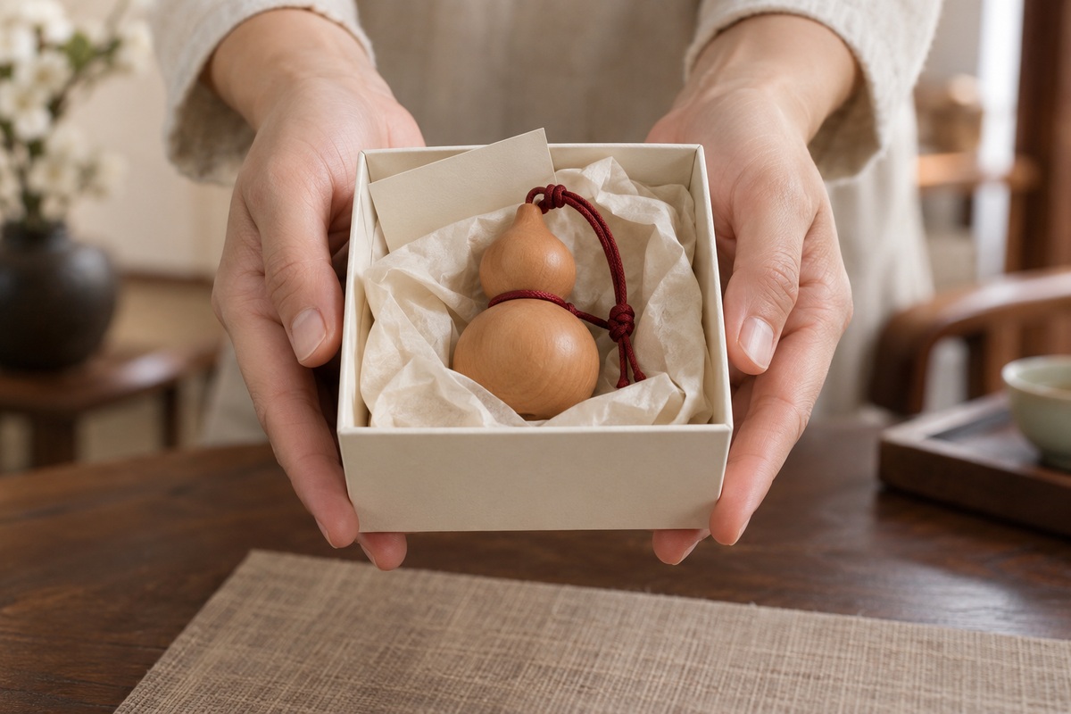 Adult hands holding an ivory gift box with a wooden gourd and blank note card.