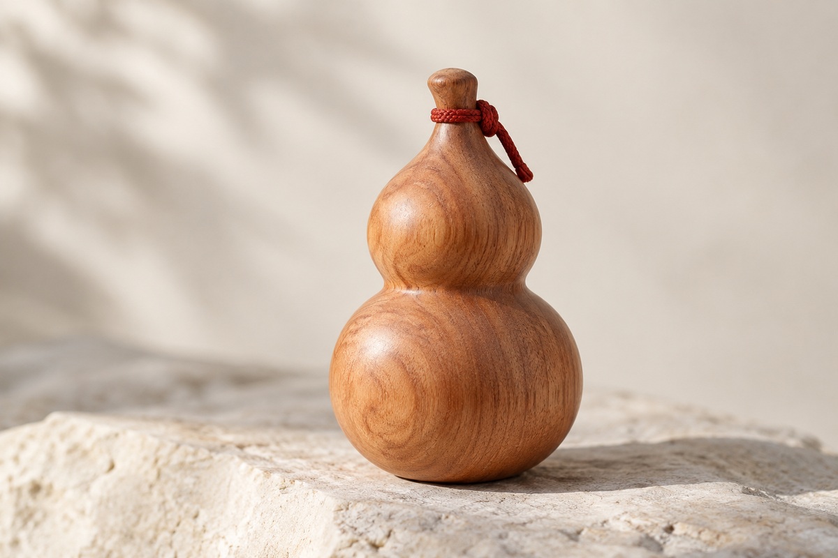 Double-lobed wooden gourd with a short red cord on pale stone.