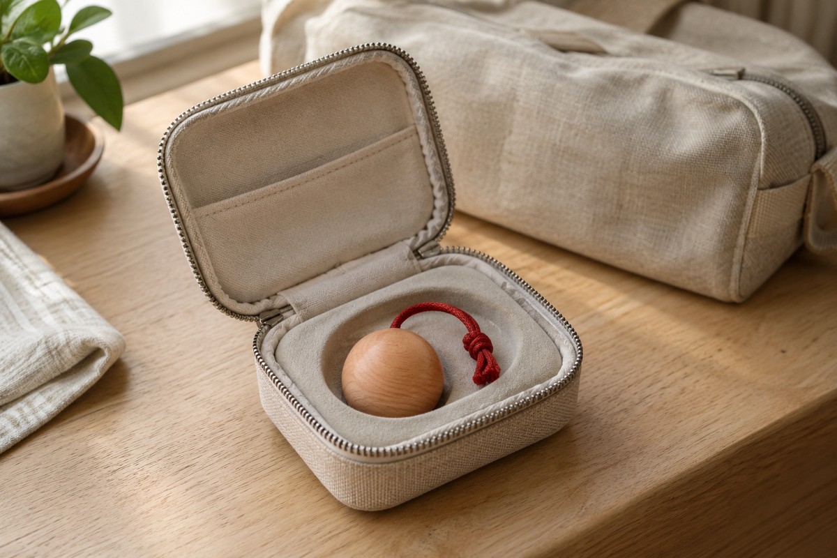 Round wooden keepsake and red cord contained in an open padded case beside a travel bag.