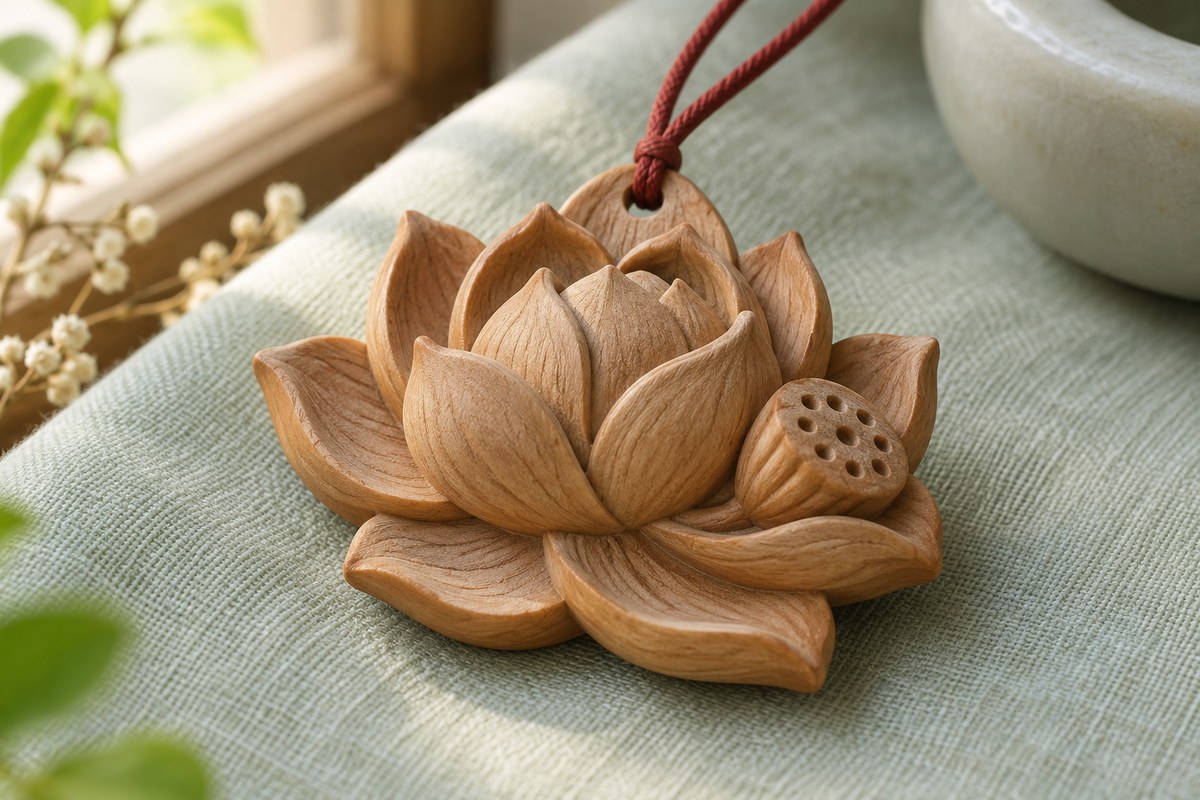Wooden lotus pendant with layered petals and a small seedpod detail on pale green fabric.