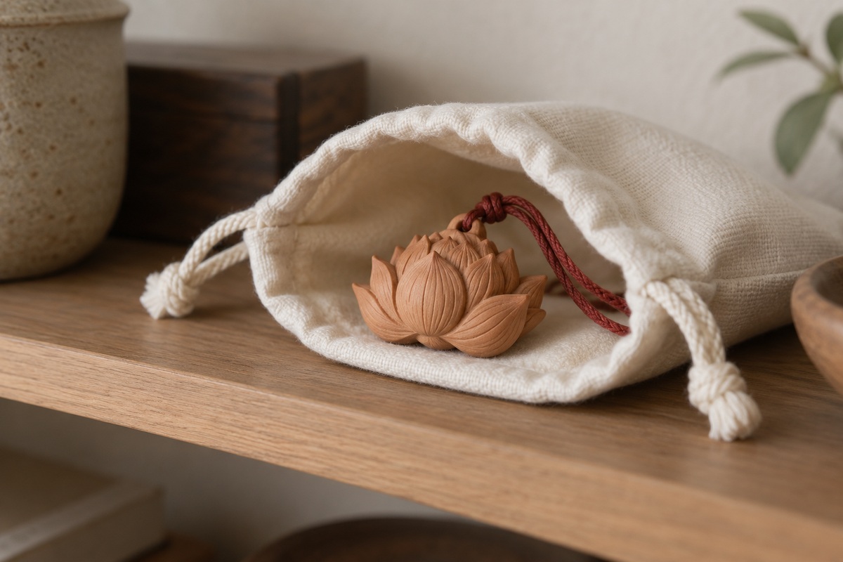 Wooden lotus charm with a red cord resting inside an open cream fabric pouch.