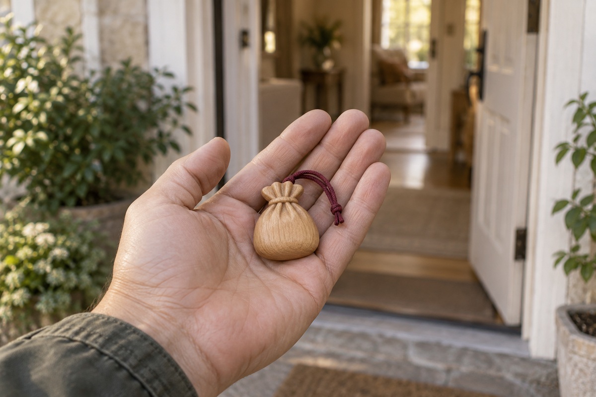 Open adult palm holding a small pouch-shaped wooden charm near a doorway.