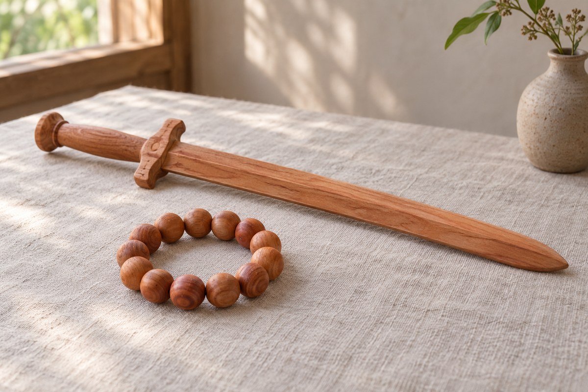 A wooden bead bracelet lies in front of a small wooden sword on ivory linen.