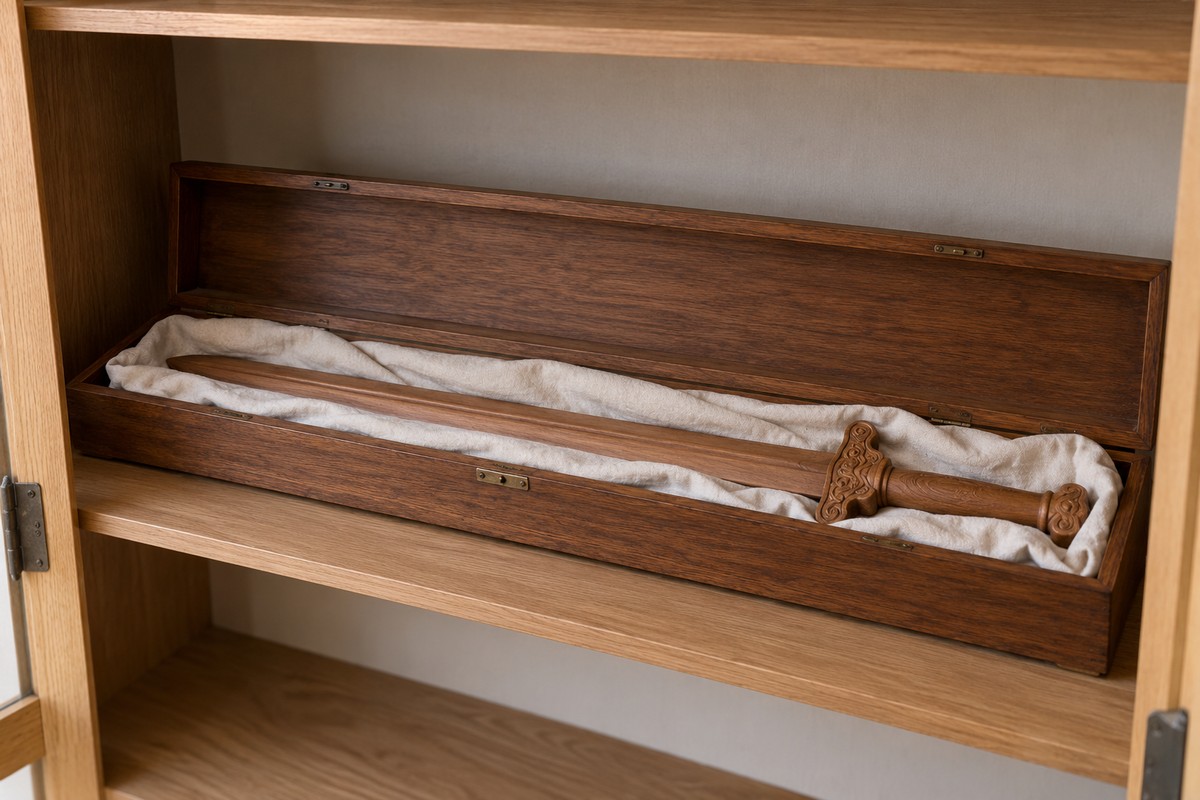 A wooden sword rests on clean cotton cloth inside a long wooden storage box.