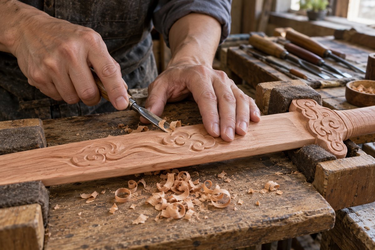 A woodcarver works on cloud relief along a wooden sword held on a padded bench.