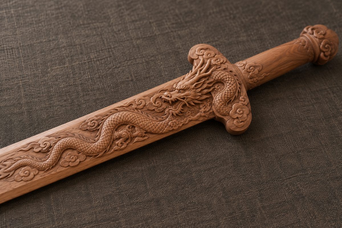 A long horned dragon and cloud curls are carved along a wooden sword.