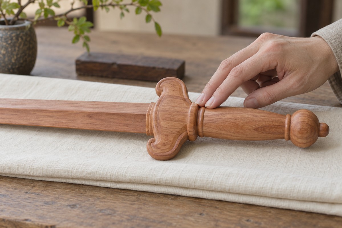 Fingertips check the join beside a wooden sword guard while the sword rests on cloth.
