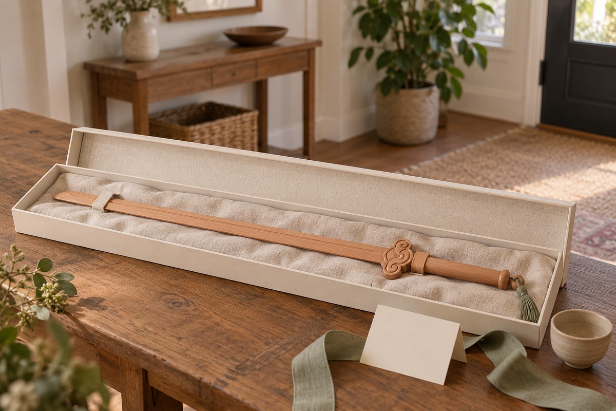 A wooden sword lies in an open linen-lined gift box beside a blank card and sage ribbon.