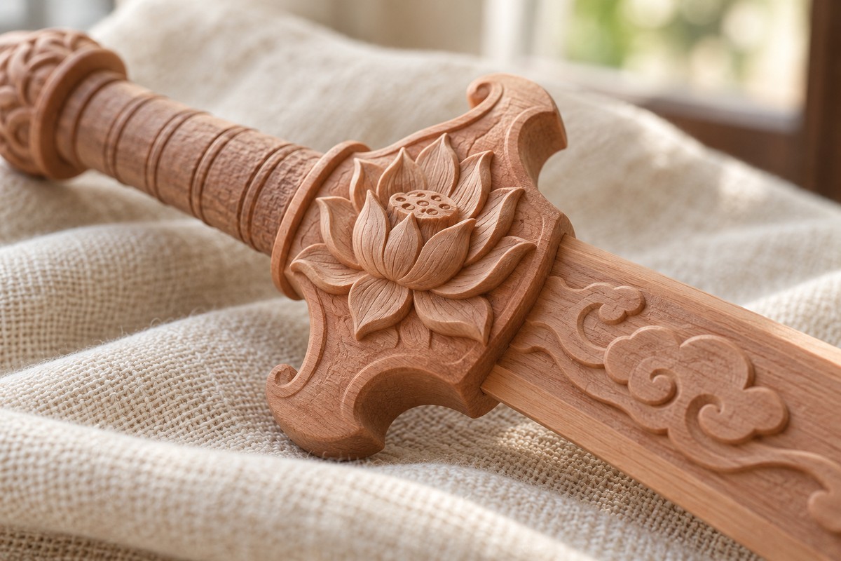 A lotus with layered petals and a seedpod center decorates a wooden sword guard.