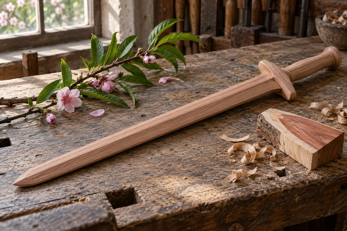 An unfinished wooden sword, a wood offcut and a flowering branch lie on a workbench.