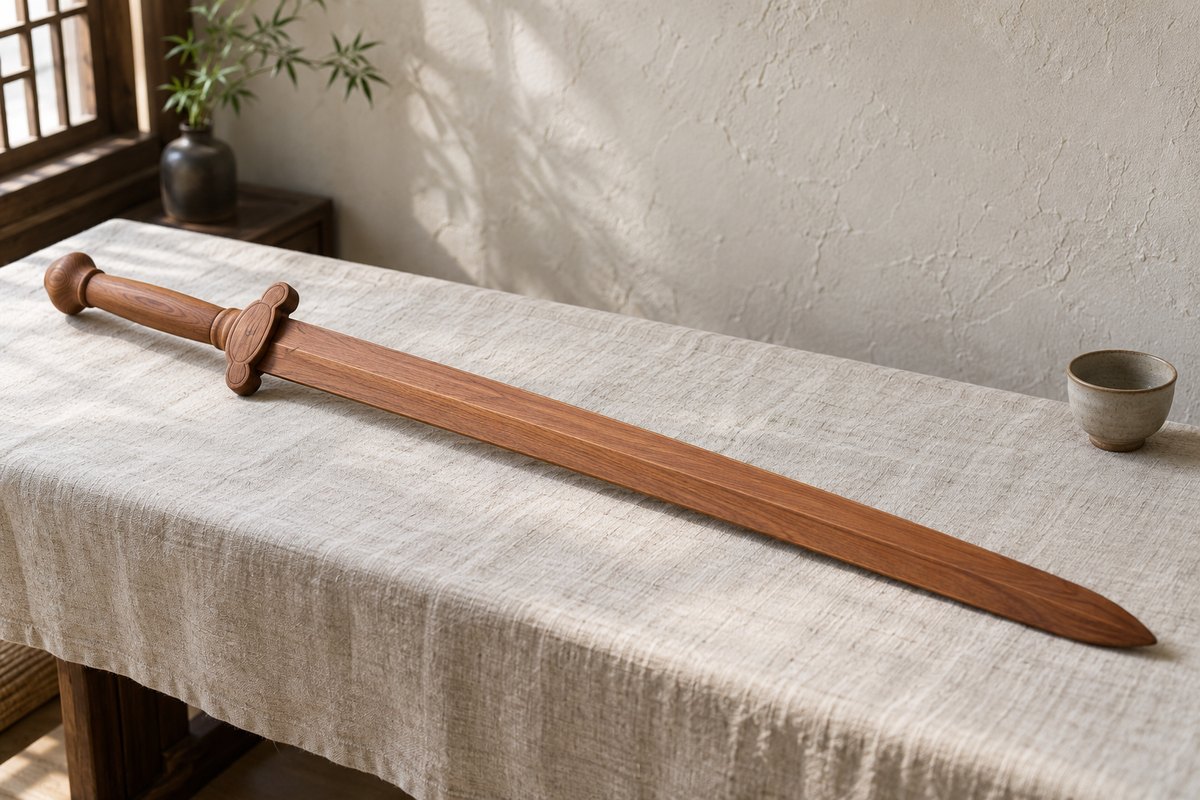 A plain wooden sword lies diagonally on ivory linen beside a ceramic cup.