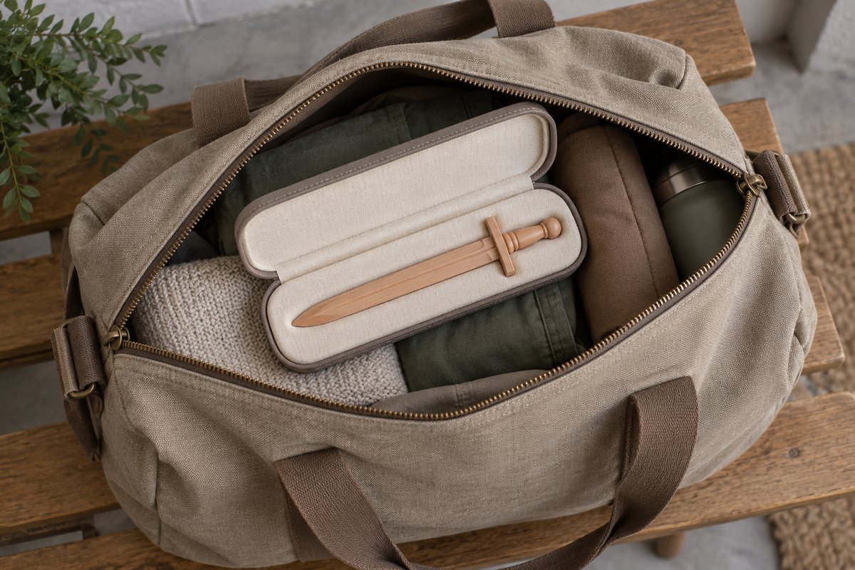 A small wooden sword rests in a padded case inside an open canvas bag.
