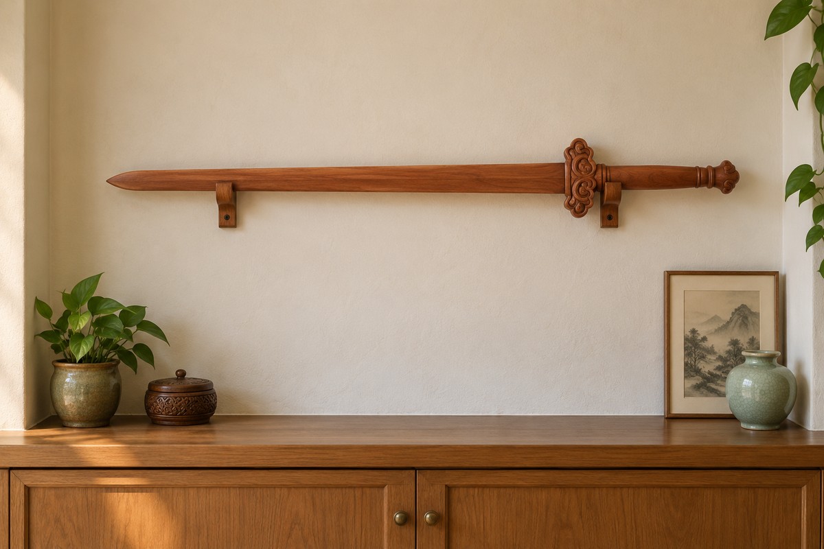 A wooden sword rests horizontally on two wall brackets above a closed cabinet.
