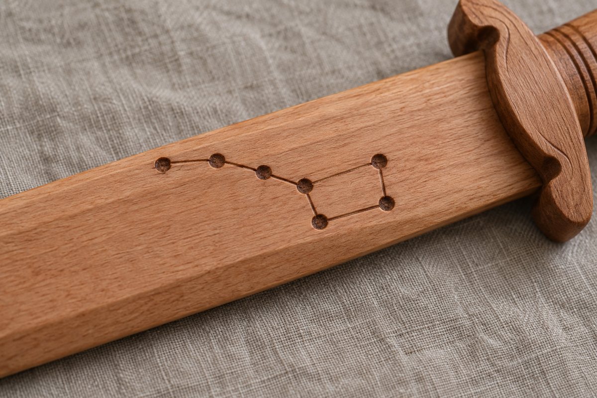 Seven round carved marks form a connected Dipper pattern on a wooden blade.