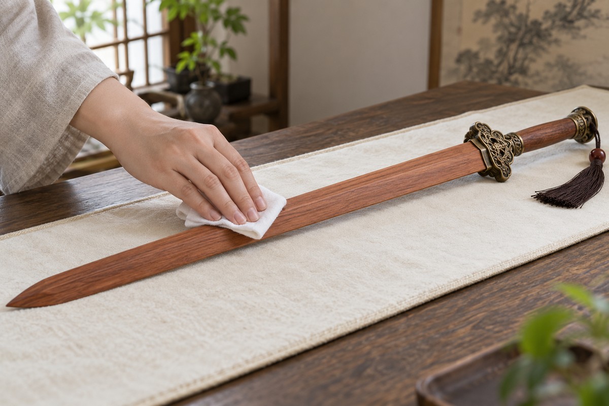 A hand uses a soft white cloth on a wooden sword supported on a padded mat.