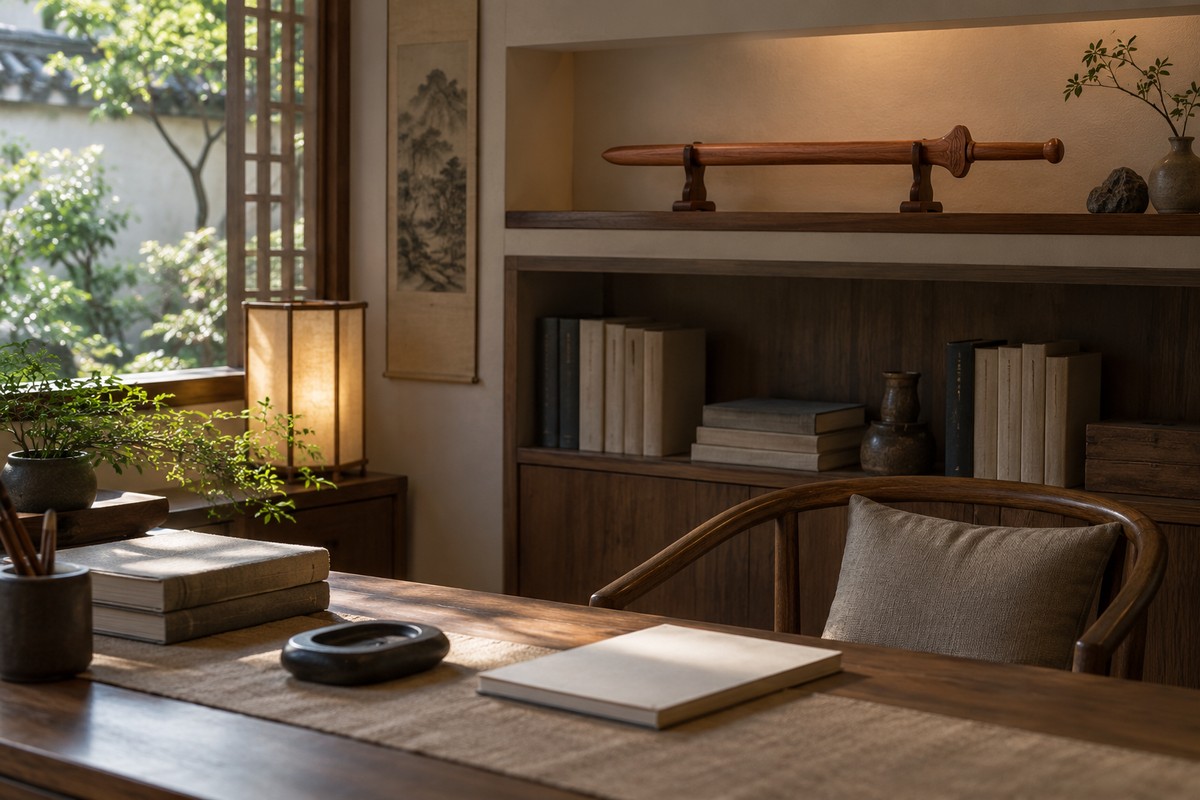 A wooden sword rests on two display cradles on a recessed shelf in a study.