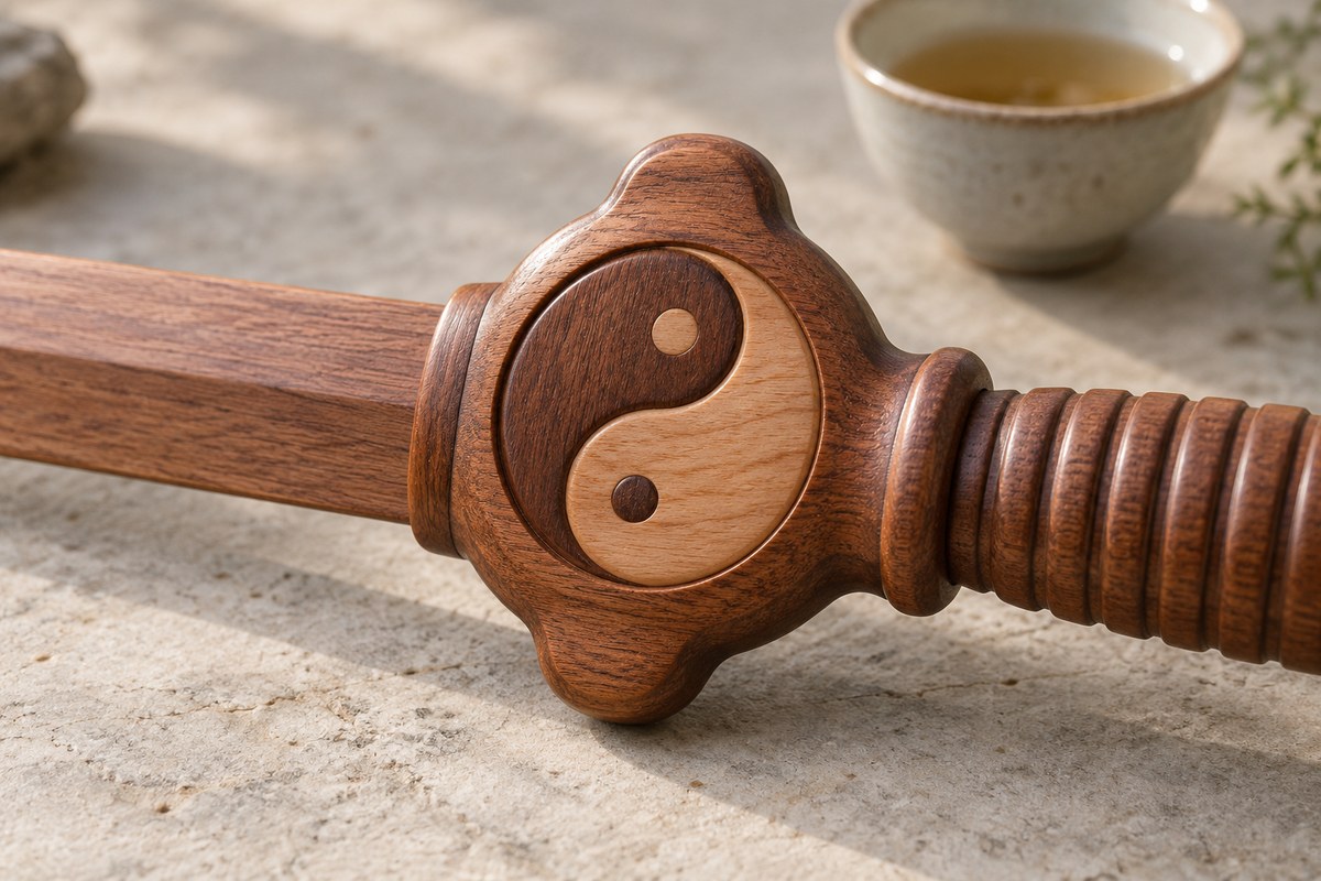 A two-tone yin-yang circle decorates a rounded wooden sword guard.