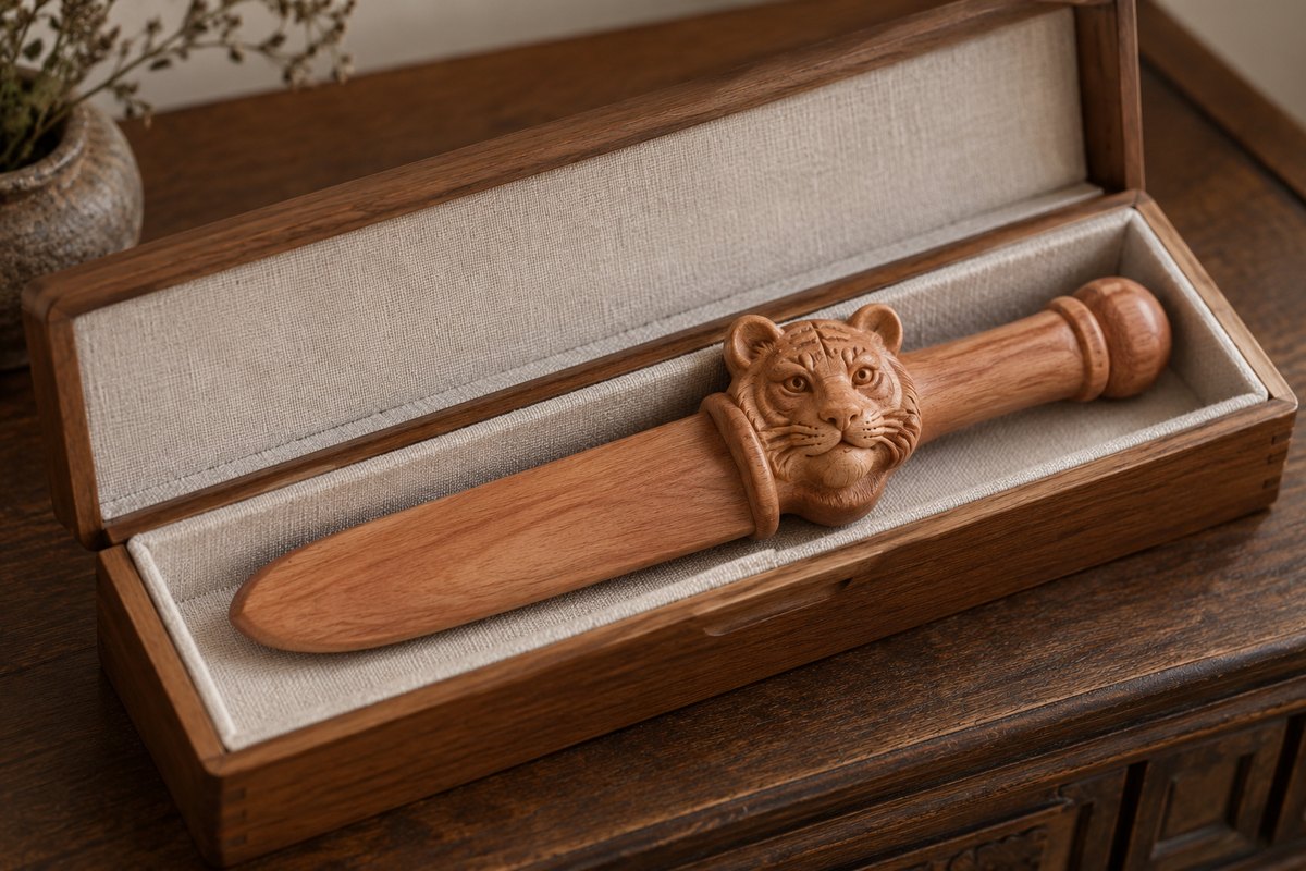 A short wooden sword with a rounded tiger-head guard rests in a fabric-lined box.