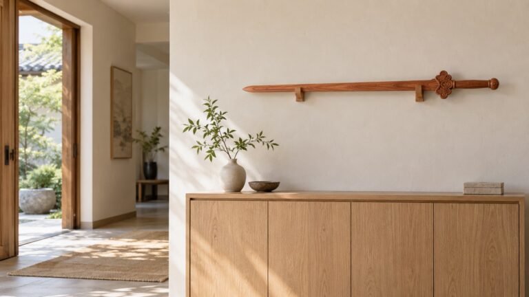 A wooden sword is displayed above an oak cabinet in a bright entrance hall.