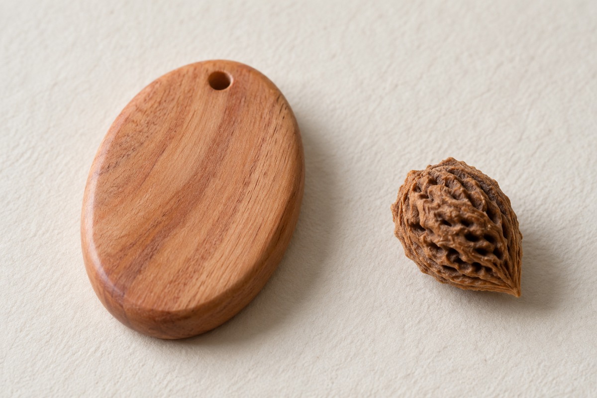 Smooth oval wooden pendant blank beside a smaller rough peach pit on ivory paper.