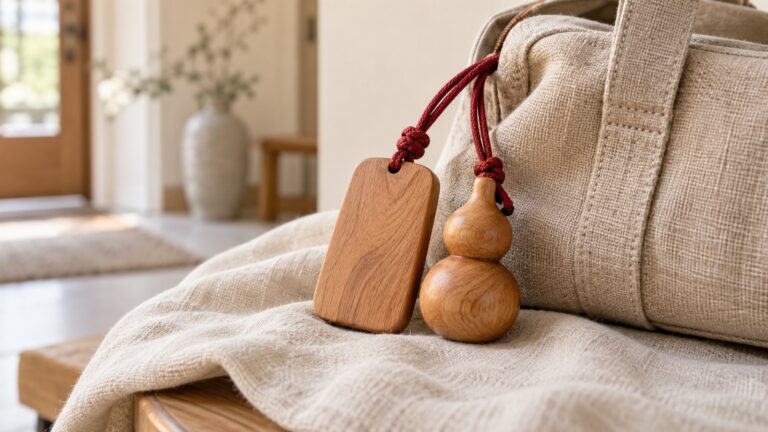 Wooden plaque and gourd charms with red cords beside a canvas bag on cream linen.