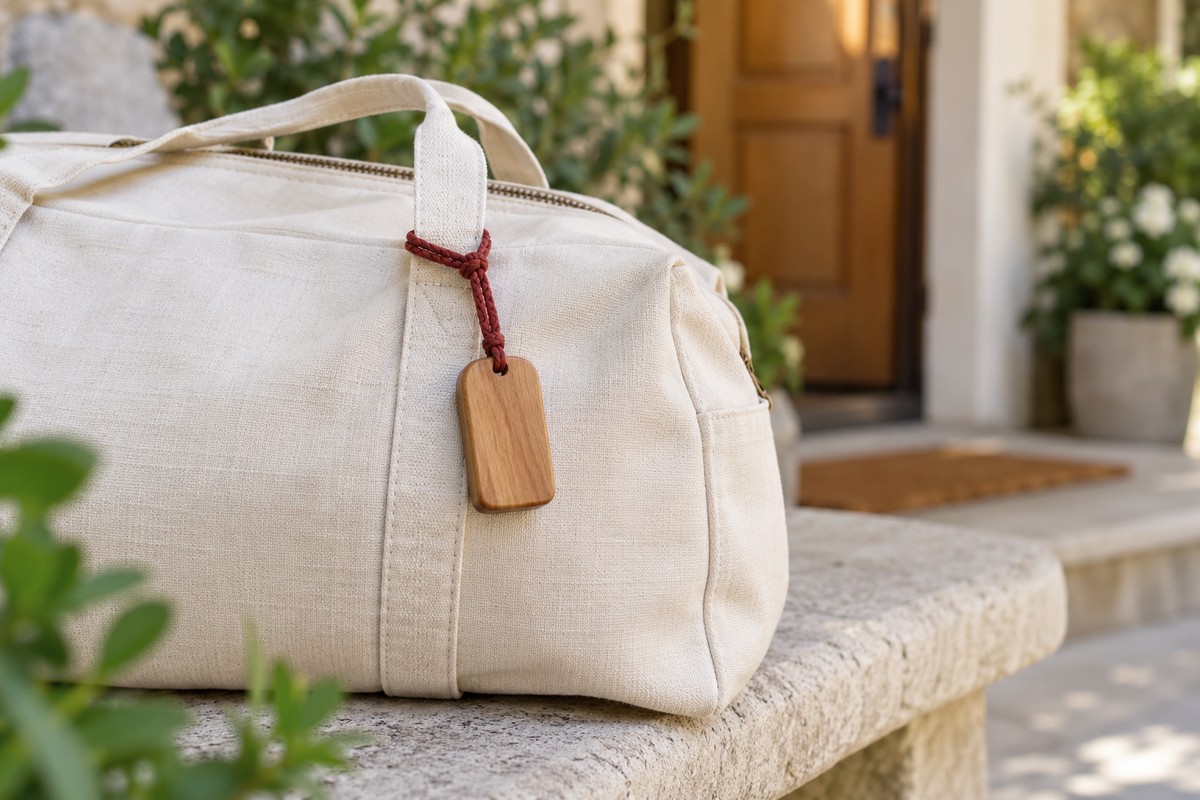 Plain wooden plaque with a red cord attached to a cream canvas bag outside a doorway.