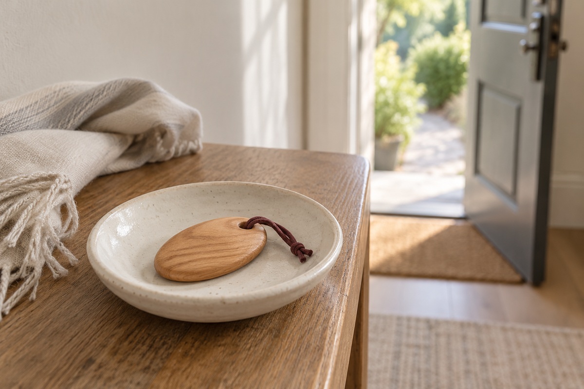 Oval wooden token with a burgundy cord in an ivory dish beside an open doorway.