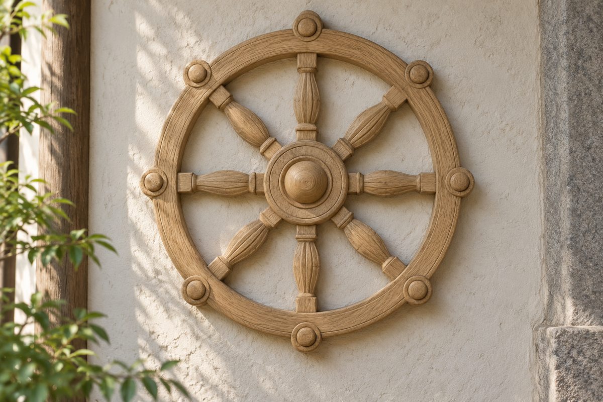 An unpainted wooden Dharma wheel relief with eight spokes on a pale wall.