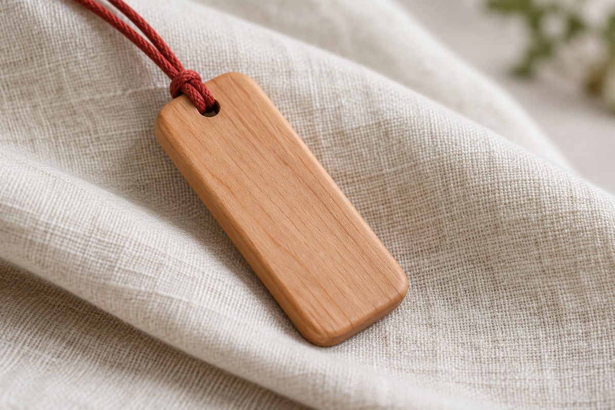 Plain rectangular wooden pendant with rounded edges and a red cord on ivory linen.