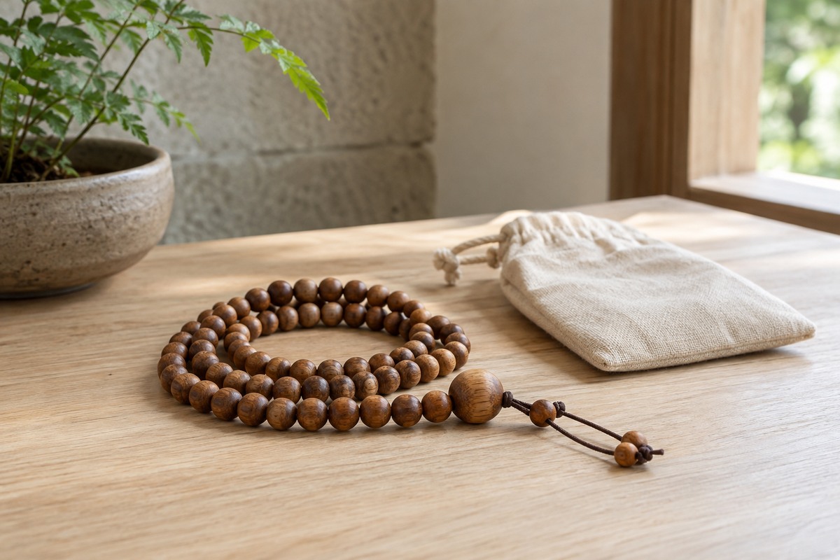 Brown wooden prayer beads resting beside an oatmeal cotton pouch on a wooden surface.