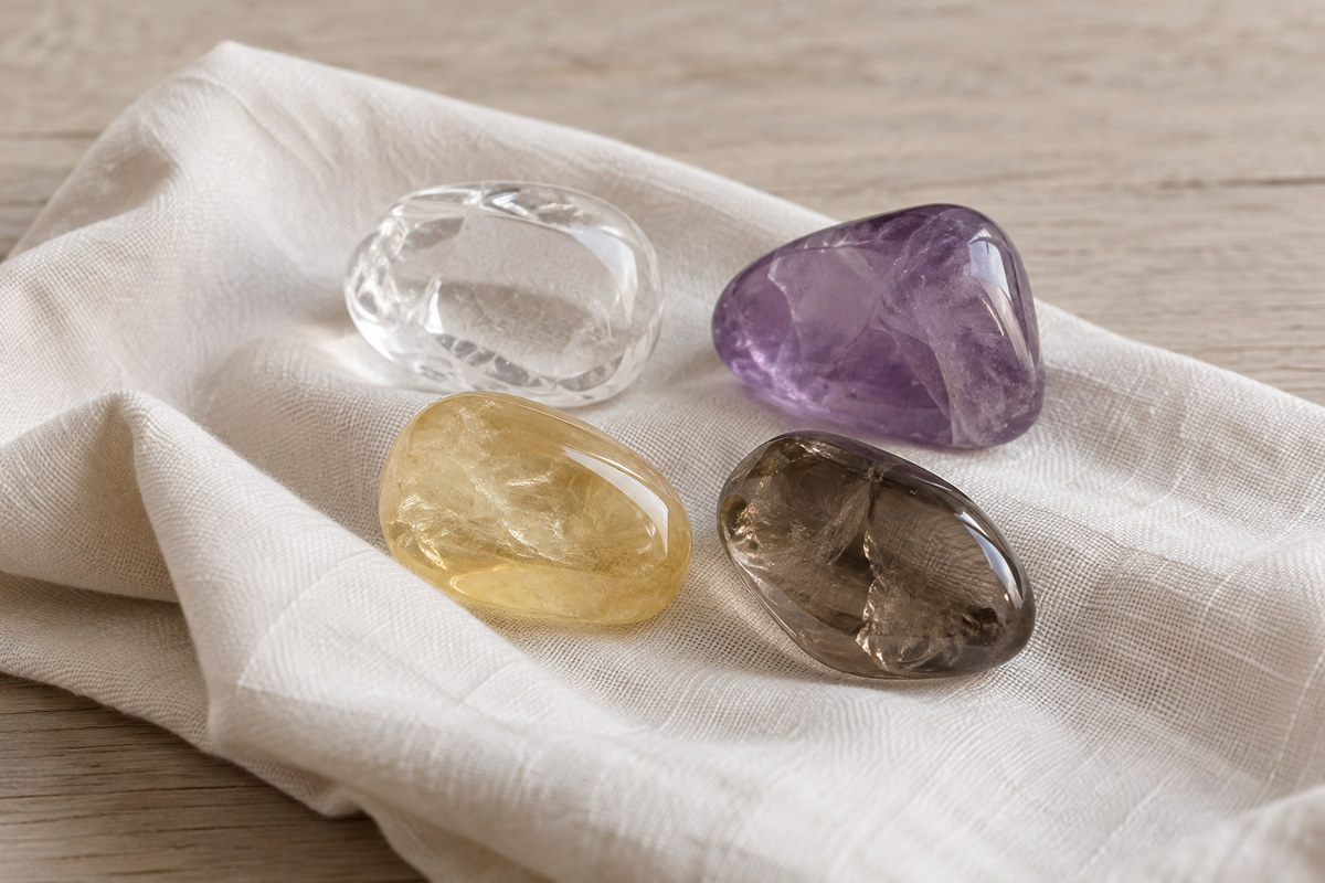 Clear, violet, pale yellow, and smoky stones loosely gathered on linen